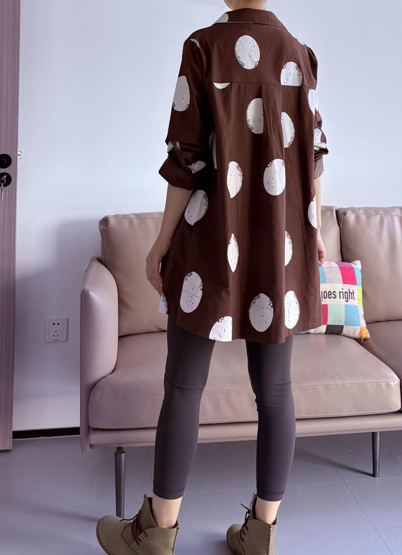 Minibee Women's Button Down Tunic Tops Polka Blouse Cotton Shirt (XL, Style1 Coffee) - Image 4